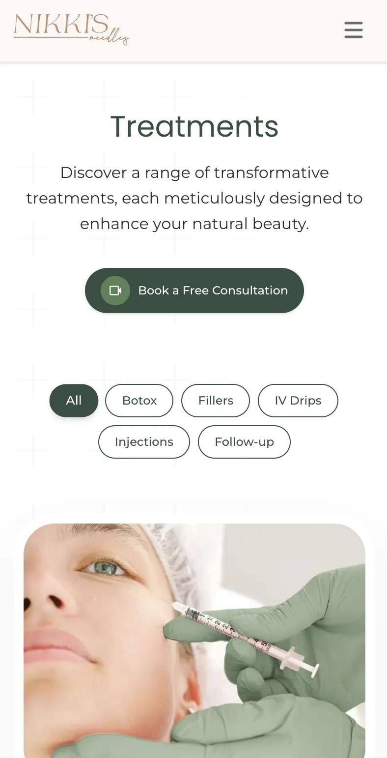 Nikki's Needles treatments shown in an iPhone-style frame